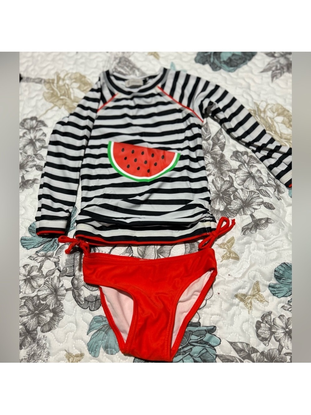 Kids Watermelon Stripe Rashguard Two-Piece Swim Set - Red